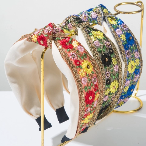 Serre-tête Noué à Fleurs Brodées Bohème pour Femmes Serre-tête en Tissu Large Vintage avec Paillettes et Maille