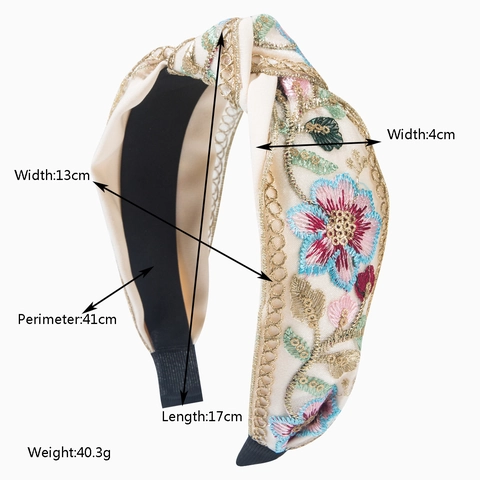 Bandeau Brodé pour Femmes à Nœud Floral en Tissu Large Rétro Mode Style Bohème Accessoires pour Cheveux de Fête Quotidienne