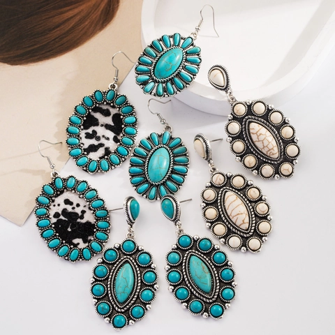 Vintage Bohemian Geometric Artificial Turquoise Drop Earrings For Women Retro Silver Alloy Leather Cow Pattern Inlaid Ethnic Jewelry