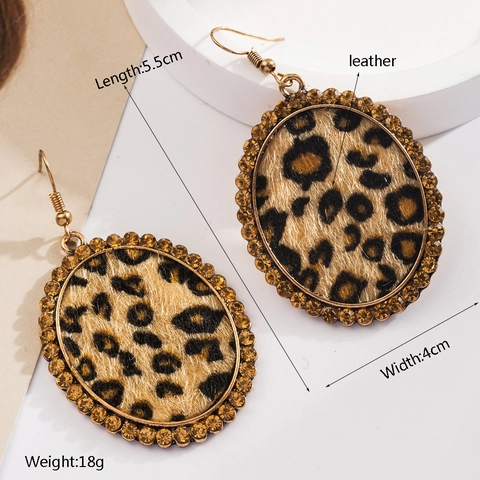 Vintage Oval Leopard Print Leather Drop Earrings With Artificial Pearl Rhinestone Bohemian Dangle Earrings For Women