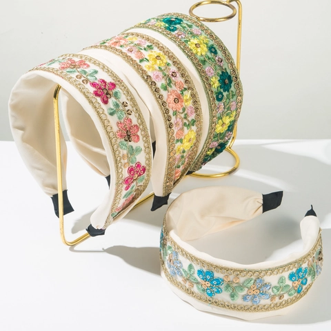Vintage Geborduurde Bloem Brede Haarband Voor Dames Luxe Pailletten Stof Stirnband Retro Bloem Haaraccessoires Voor Dagelijks Uitje