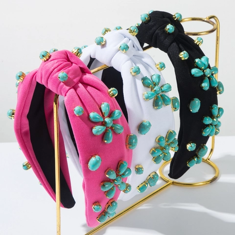 Diadema Anudada de Tela Bohemio Vintage Con Adornos Florales de Turquesa Artificial Borde Ancho Accesorio para el Cabello de Moda