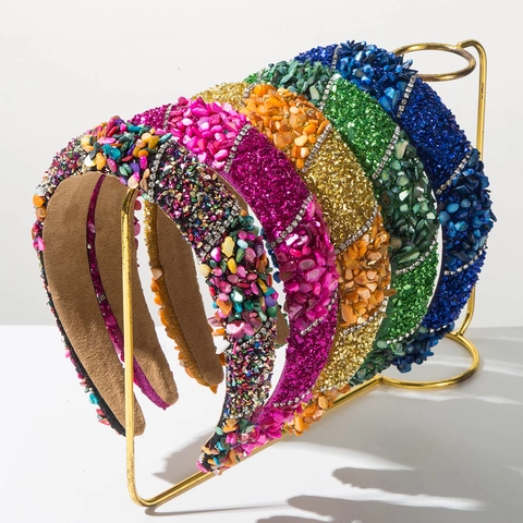 Serre-tête Large Mode Européenne Top Haut Strass Pierre Concassée Bandeau Rembourré Accessoires Cheveux Élégants pour Femmes