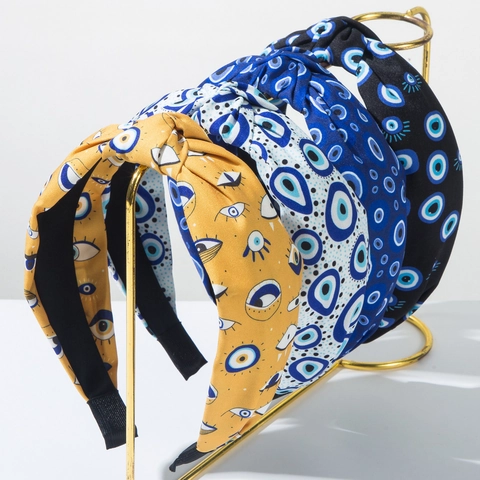 Women Evil Eye Printed Fabric Knot Headband Bohemian Style Wide Non-slip Hairband Party Daily Fashion Hair Accessories