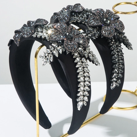 Serre-tête Baroque Luxueux avec Fleurs et Feuilles en Strass pour Femme Vintage Rembourré Accessoires de Cheveux Élégants