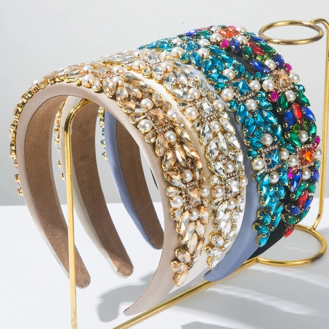 Cerchietto Imbottito con Strass Barocco di Lusso per Donna Fascia per Capelli in Raso Vintage con Künstliche Perle e Cristalli