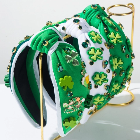 St. Patrick's Day Geknoopte Hoofdband Klaver Groen Wit Strass Versierde Haarband Voor Dames Festival Feest Accessoires
