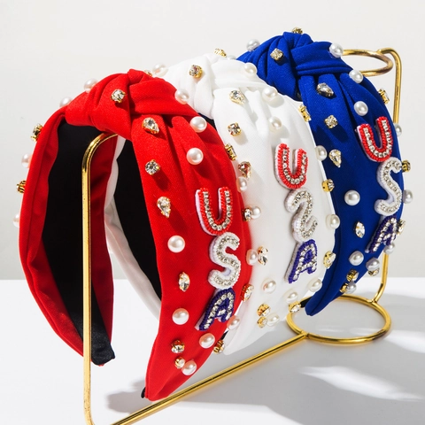 USA Independence Day Knotted Headband Rhinestone Artificial Pearl Padded Hairband USA Letter Star Patriotic Hair Accessories For Women