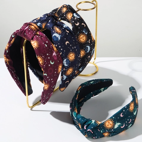 Diadema con Nudo Bohemio Retro de Ala Ancha Banda de Tela para el Cabello Estampado Sol Luna Estrella Accesorios para el Cabello de Mujer