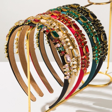Vintage Luxurious Wide Padded Rhinestone Headband For Women Colorful Glass Crystal Inlaid Fabric Hair Band Party Accessories