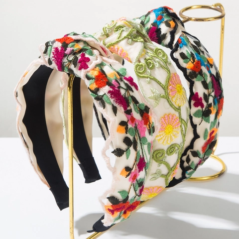 Bohemian Embroidered Flower Wide Headband For Women Vintage Ethnic Style Knotted Alice Band Fabric Hair Hoop Fashion Hair Accessories