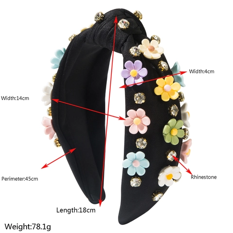 Cerchietto Annodato Largo da Donna Dolce Fascia per Capelli con Fiori 3D e Strass Elegante Copricapo Antiscivolo in Tessuto