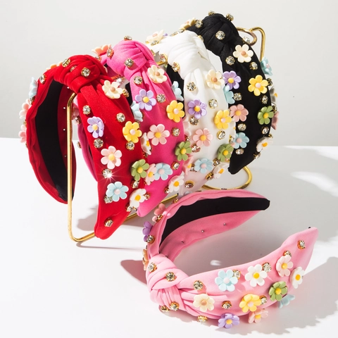 Cerchietto Annodato Largo da Donna Dolce Fascia per Capelli con Fiori 3D e Strass Elegante Copricapo Antiscivolo in Tessuto