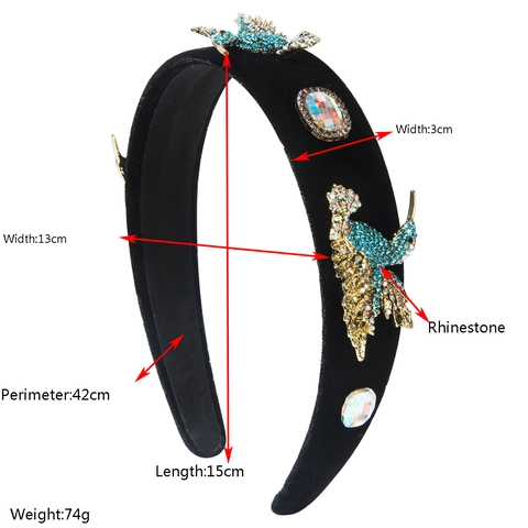 Baroque Vintage Bird Rhinestone Headband For Women Padded Black Velvet Hair Band Luxury Jewelry Hair Accessories
