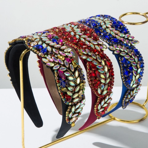 Baroque Retro Wide Brim Colorful Glass Rhinestone Headband For Women Luxury Padded Fabric Hair Band Elegant Party Hair Jewelry