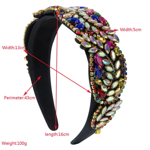 Baroque Retro Wide Brim Colorful Glass Rhinestone Headband For Women Luxury Padded Fabric Hair Band Elegant Party Hair Jewelry