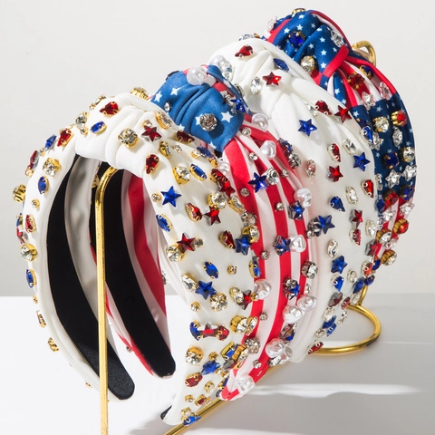 Serre-Tête Drapeau Américain Jour de l'Indépendance Femme Nœud Patriotique Bandeau Large Avec Tissu Strass Perles Étoiles Accessoires 4 Juillet