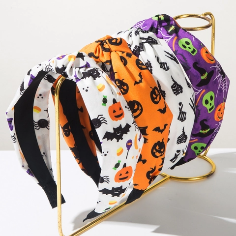 Halloween Knotted Headband Fabric Printed Pumpkin Skull Bat Spider Hair Band Festival Party Hair Accessories For Women