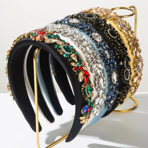 Baroque Padded Rhinestone Headband For Women Vintage Luxurious Bejeweled Wide Sponge Hair Hoop Party Wedding Accessories