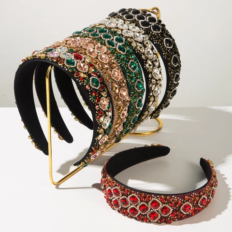 Baroque Rhinestone Padded Headband For Women Luxury Vintage Velvet Sponge Wide Hair Band Sparkling Crystal Hair Accessories Party Headwear