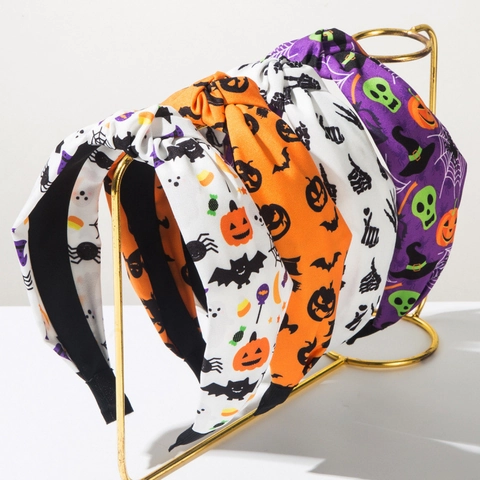 Halloween Geknotetes Stirnband Stoff Bedruckt Kürbis Totenkopf Fledermaus Spinne Haarband Festival Party Haarschmuck Für Damen