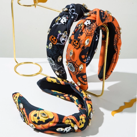 Cerchietto con Nodo Halloween per Donna Strass Zucca Ragnatela Stampato Fascia per Capelli in Tessuto Accessori Capelli Festa