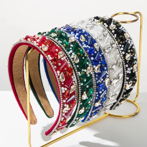Baroque Retro Luxury Wide Headband For Women Padded Fabric Rhinestone And Artificial Pearl Banquet Hair Accessories