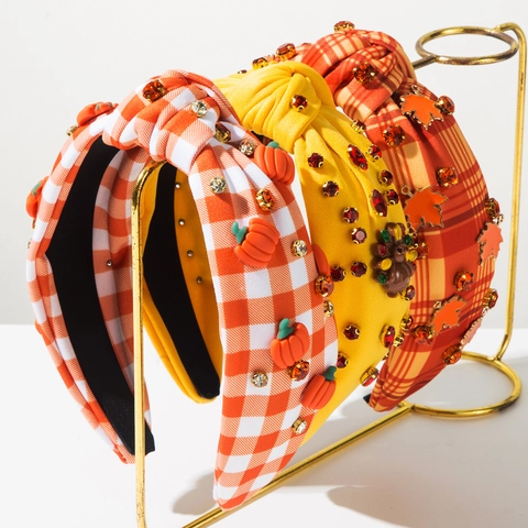 Festive Thanksgiving Day Knotted Headband Fabric Rhinestone Turkey Pumpkin Maple Leaf Autumn Hair Accessory Party Decoration