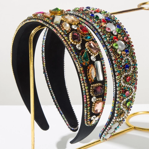 Serre-tête Large Baroque Vintage en Tissu avec Cristaux de Verre Colorés et Strass Bijoux de Cheveux pour Femmes Fête Mariage