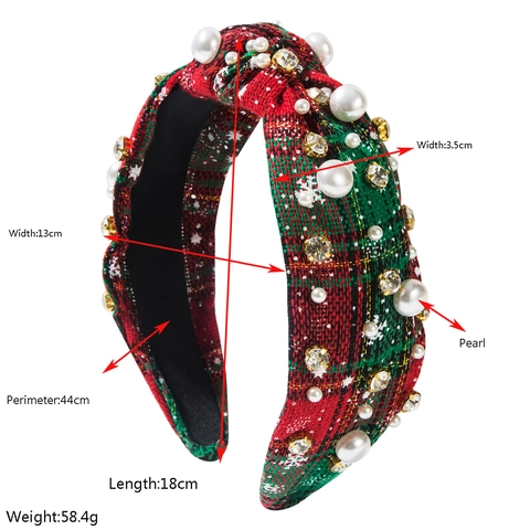 Serre-Tête Nœud en Tissu Plaid de Noël pour Femmes Avec Fausse Künstliche Perle Strass Flocon de Neige Décor Bandeau de Fête