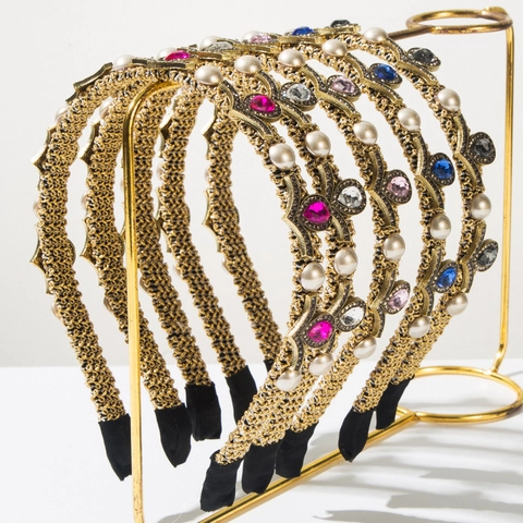 Vintage Baroque Gold Woven Hairband With Colorful Rhinestones And Faux Artificial Pearls Elegant Party Headband For Women Hair Accessories