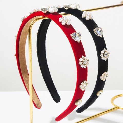 Cerchietto Imbottito in Velluto Elegante Barocco per Donna Retro Strass Perla Artificial Cuore Fiore Cerchietto Decorativo Accessorio Capelli