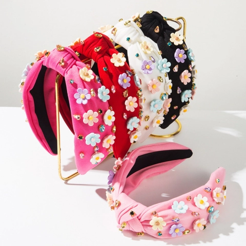 Cerchietto in Tessuto Annodato in Stile Barocco Con Fiori in Resina 3D Strass Colorati Accessori per Capelli Moda Donna Festa