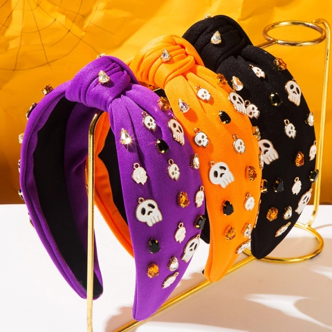 Cerchietto Annodato di Halloween Con Ciondoli a Teschio in Lega di Stoffa e Strass Per Festa Donna Accessori Per Capelli