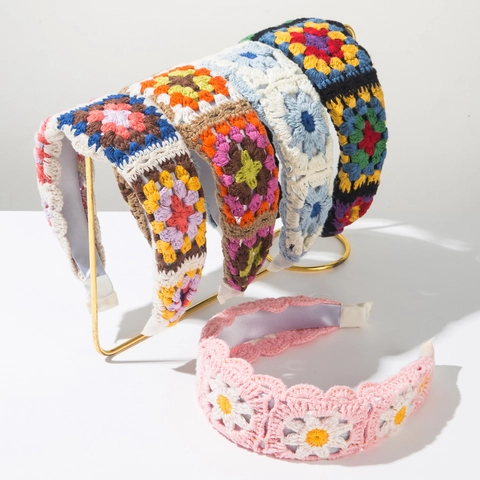 Korean Style Hand Crochet Granny Square Headband Retro Floral Knit Hair Band Bohemian Wide Turban For Women Hair Accessories