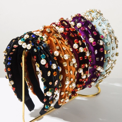 Diadema de Terciopelo Anudada Vintage Barroca Con Perlas Artificiales de Imitación de Lujo Strass Coloridos Diadema Acolchada Ancha Boda Fiesta
