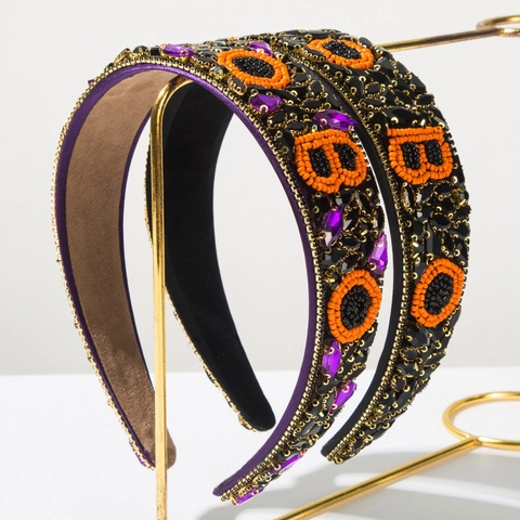 Halloween-Haarband mit Perlen für Damen BOO-Buchstaben Strass Gespenst Kürbis Festliches Party-Haarband Haarschmuck