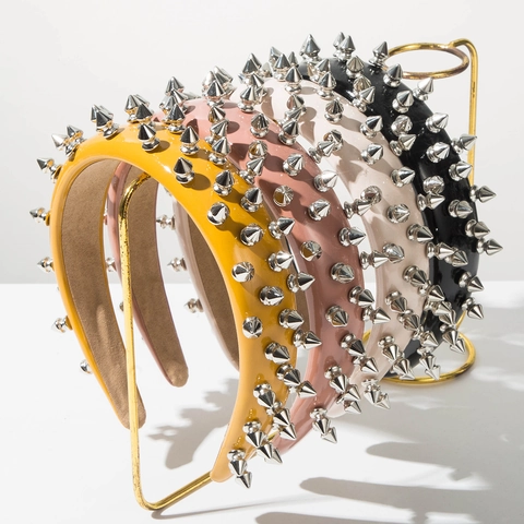 Punk Wide Brim PU Leather Headband For Women Silver Rivet Spike Studded Hair Hoop Gothic Rock Trend Fashion Hair Accessories
