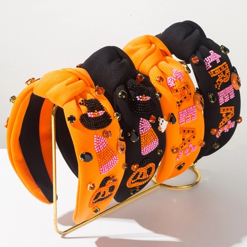 Serre-tête Noué d'Halloween en Tissu Perlage Fait Main Strass Citrouille Fantôme Chapeau de Sorcière Coiffe de Fête Femme Accessoire
