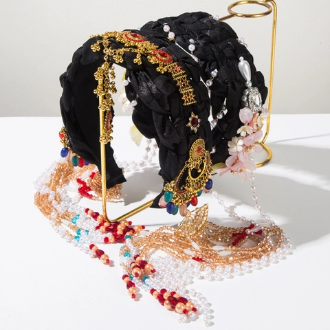 Ethnic Tassel Braided Headband With Rhinestone Artificial Pearl Baroque Style New Chinese Style Wedding Hair Accessory