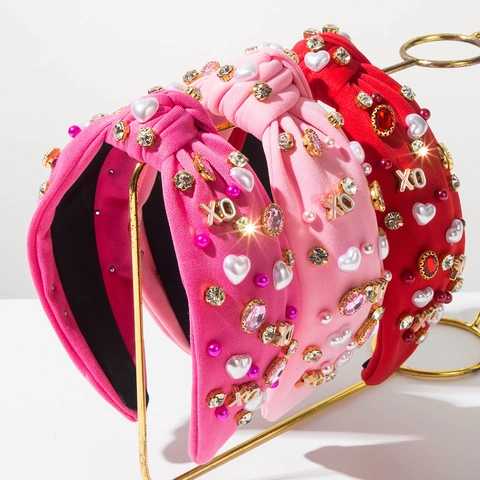 Valentinstag Knoten Stirnband Damen Stoff Haarreif Strass Künstliche Perle XO Herz Deko Party Kopfschmuck