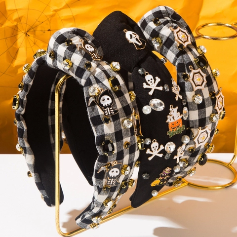 Diadema de Nudo de Halloween para Mujer Decoración de Calabaza Calavera Telaraña Perla Artificial Strass Gingham Cuadros Diadema Festiva