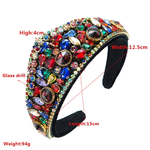 Serre-tête Rembourré en Velours avec Strass Baroque Bijoux Bandeau de Cheveux Luxe Cristal de Verre Coloré pour Femme Mariage