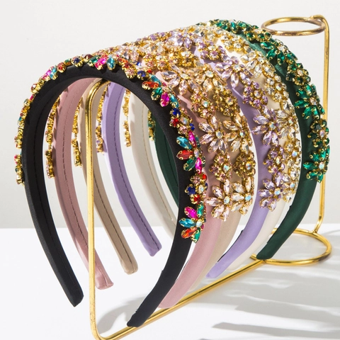 Serre-tête Rembourré en Strass Colorés Rétro Baroque pour Femme Serre-tête de Luxe en Tissu avec Fleurs Incrustées Accessoires de Coiffure pour Mariage et Fête