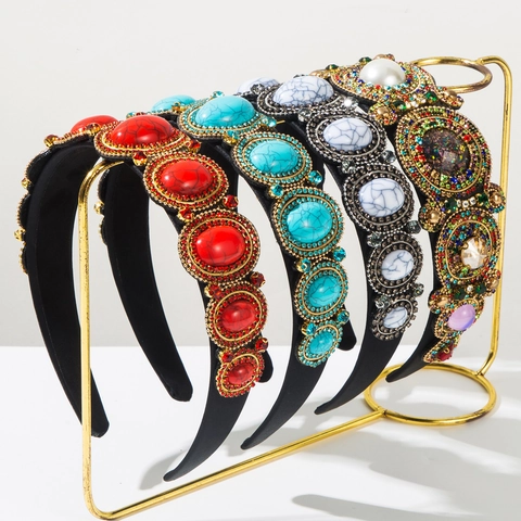 Baroque Luxurious Wide Headband For Women With Artificial Turquoise Pearl Rhinestone Vintage Fabric Hair Hoop Party Accessories
