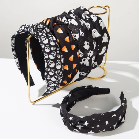 Halloween Knotted Headband Ghost Skull Candy Corn Pattern Printed Fabric Hair Band Fashion Festival Party Headwear For Women