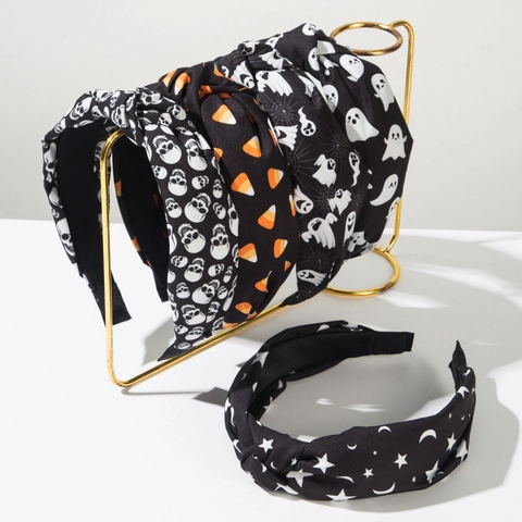 Halloween Knotted Headband Ghost Skull Candy Corn Pattern Printed Fabric Hair Band Fashion Festival Party Headwear For Women