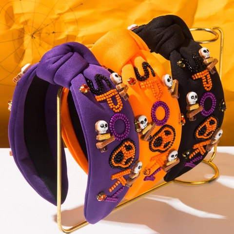 Cerchietto Annodato in Tessuto Spooky di Halloween Teschio Zucca Strass Perle Artificiali Copricapo da Festa per Donna Stile Gotico