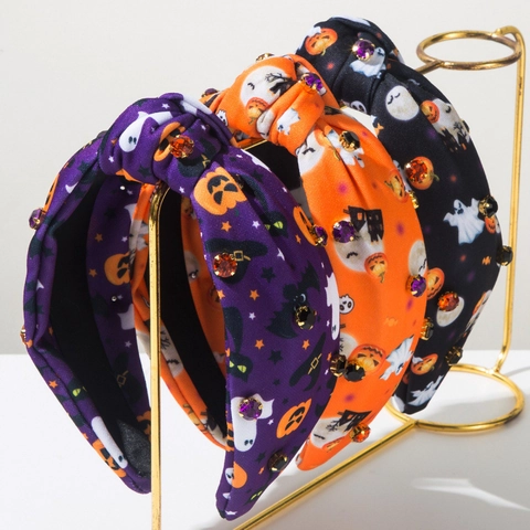 Halloween Geknoopte Hoofdband Vrouwen Pompoen Geest Vleermuis Print Stof Strass Versierd Feest Haarsieraad Accessoire