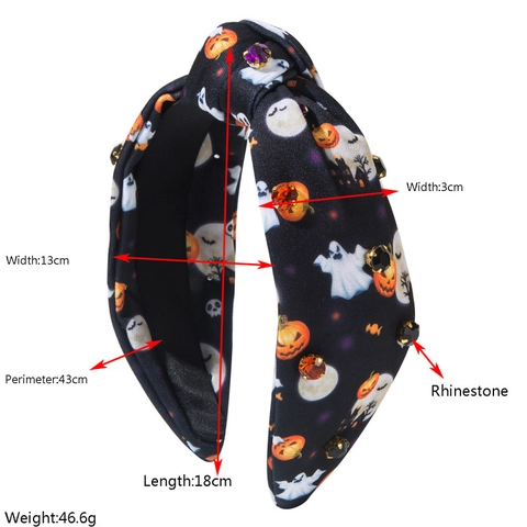 Halloween Geknoopte Hoofdband Vrouwen Pompoen Geest Vleermuis Print Stof Strass Versierd Feest Haarsieraad Accessoire